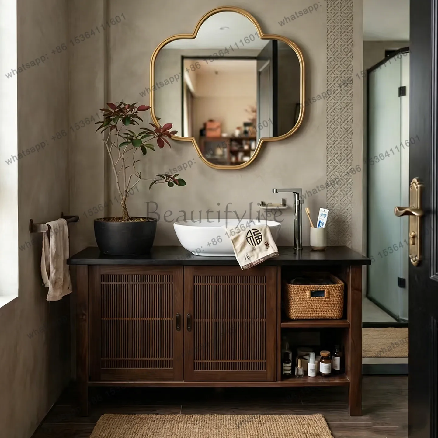 Retro new Chinese bathroom cabinet combination floor-to-ceiling sink basin hotel famous hotel medieval style