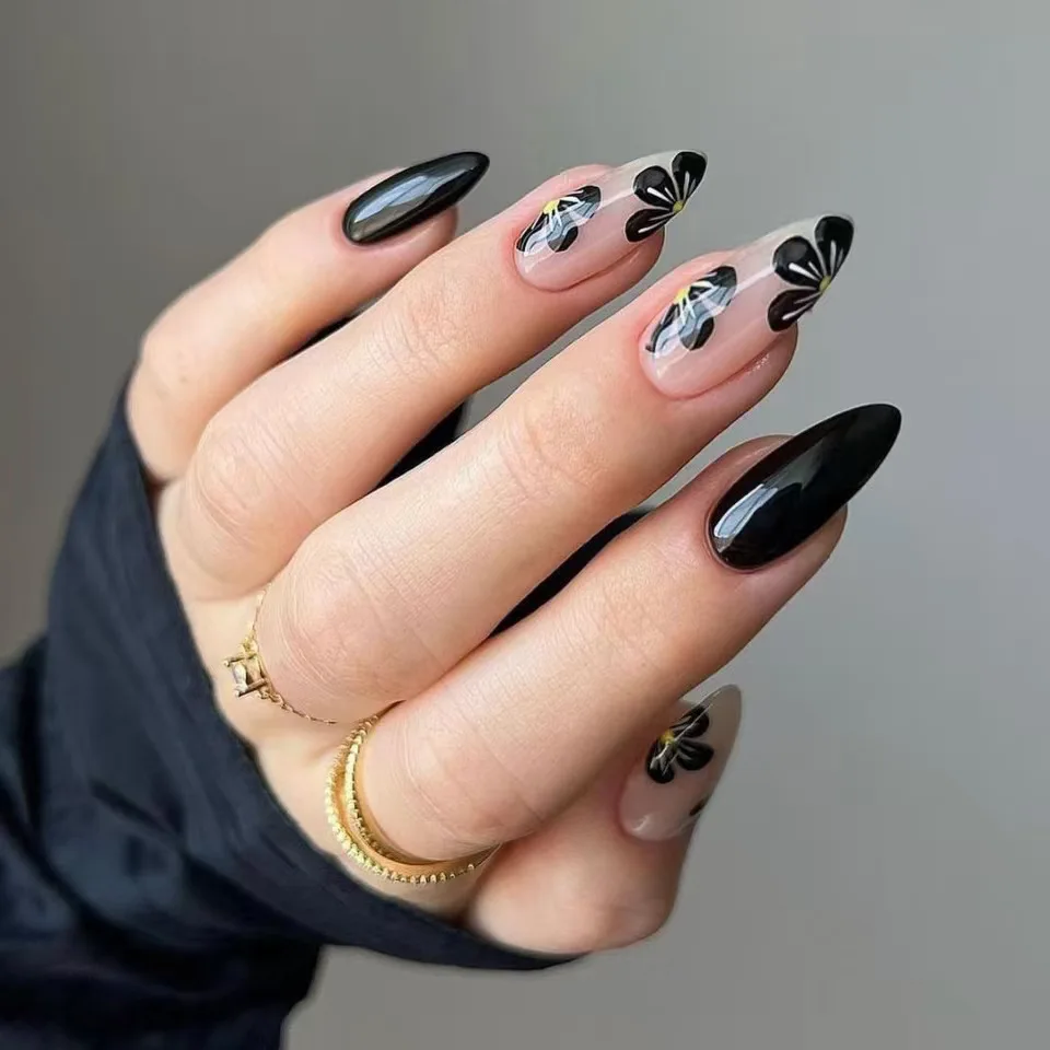 เล็บปลอมสีไวน์แดง 24 ชิ้น ลายใบไม้ประกายวิ้ง แบบกดติด ปลายเล็บทรงอัลมอนด์ เรียบง่าย สวมใส่ได้ ปิดเต็มเล็บ