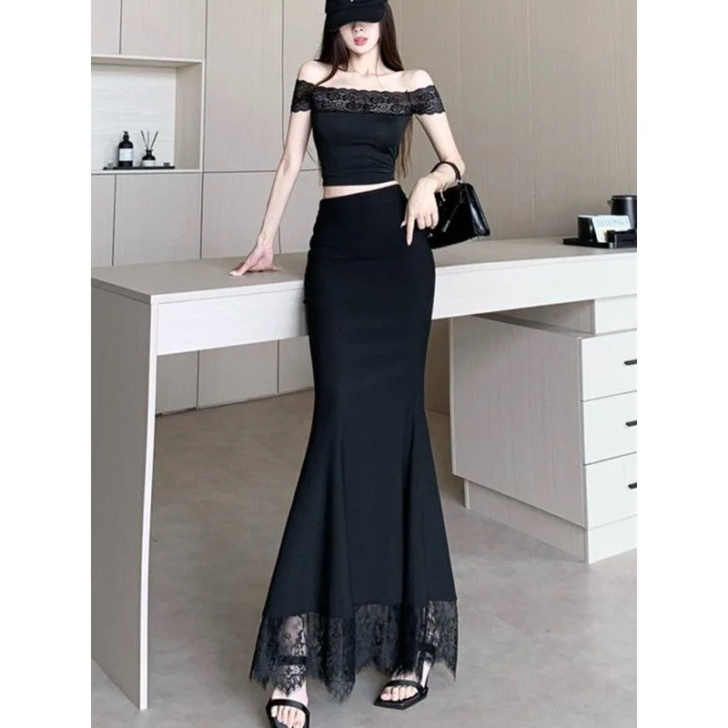 Slimming High Waist Lace Panelled Mesh Half Body Skirt Women's Fish Tail A-Line Long Dress Design Sense Fitted Suit Dress