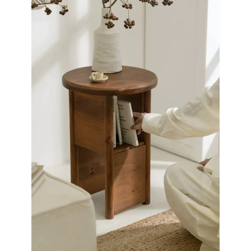 Retro solid wood side table, small coffee table, corner table, simple living room round table, multi-functional bedside table view 3