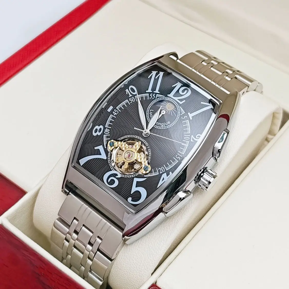 

European and American Style, High-End, Light Luxury, Business Casual, Fully Automatic Mechanical Watch for Men, Skeleton Design, Waterproof, Stainless Steel Band, Barrel-Shaped, High-End Luxury, Fashionable, Stylish, Handsome, Trendy Men's Wristwatch