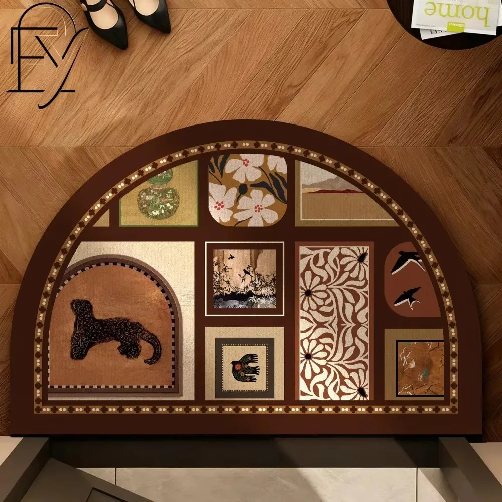 Semicircular Felt Doormat Tree of Life Celtic Knot in Brown and Green Non Slip Hallway Mat