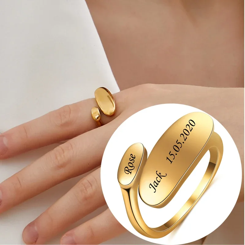 Adjustable Stainless Steel Personalized Name Date Gold Finger Rings for Lovers Open Custom Engravable Jewelry Anillos De Hombre