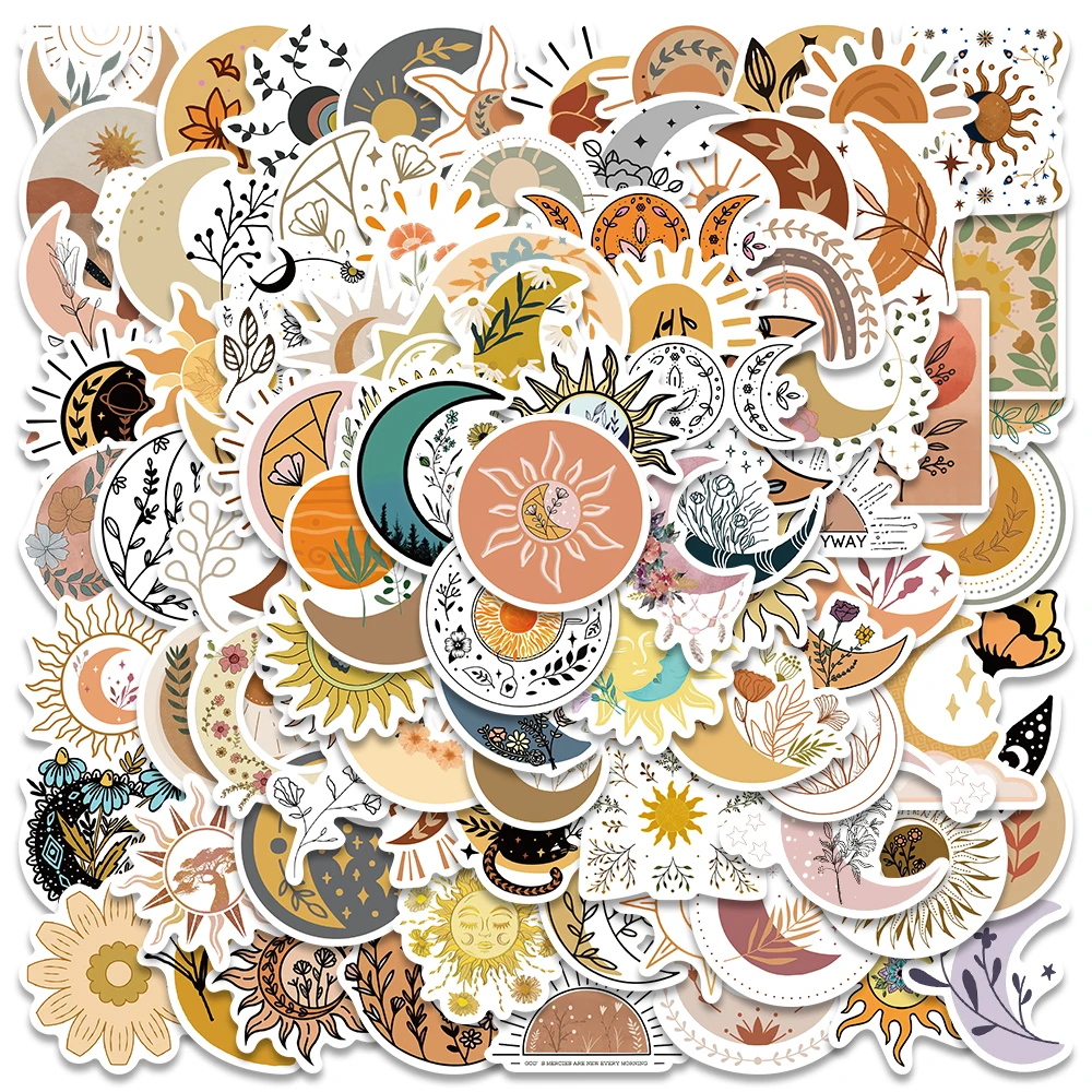 Autocollants style bohème pour enfant, stickers graffiti, soleil, lune et fleurs, pour ordinateur portable, valise, téléphone, scrapbooking, jouet, 50/100 pièces