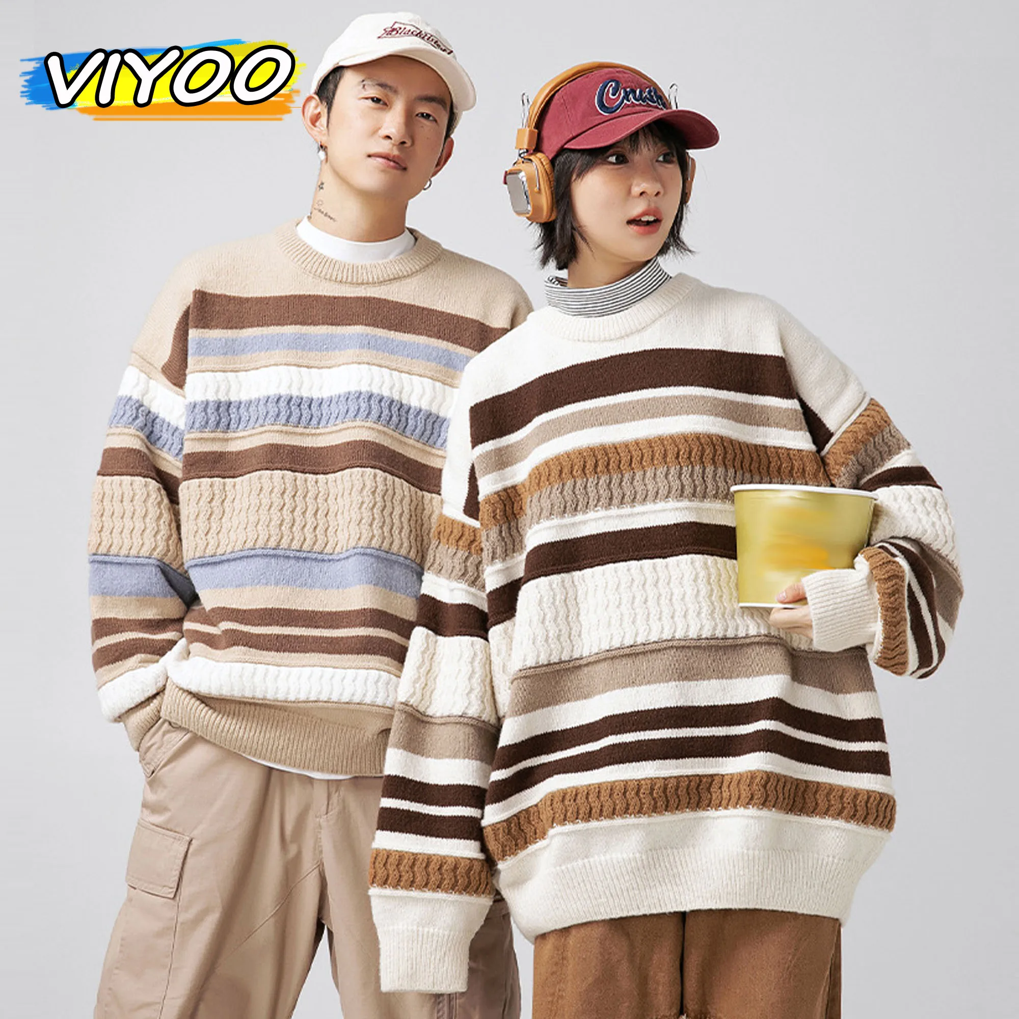 Japanese christmas Couple Striped Loose Vintage Men\'s Luxury Winter Cartoon Sweater Knitwear Sweatshirts Korean Fall Clothes