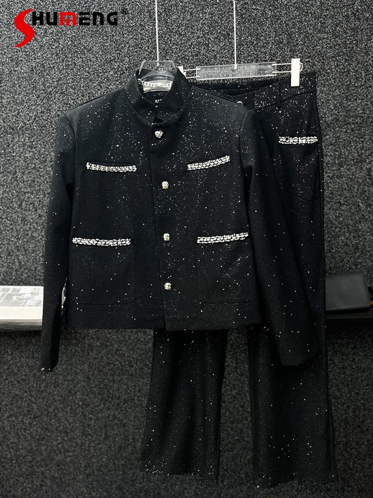 

High-End Starry Sky Jacket Sets Men 2025 Spring Autumn New Stylish Loose Comfort Beaded Diamond Small Fragrant Two-Piece Sets