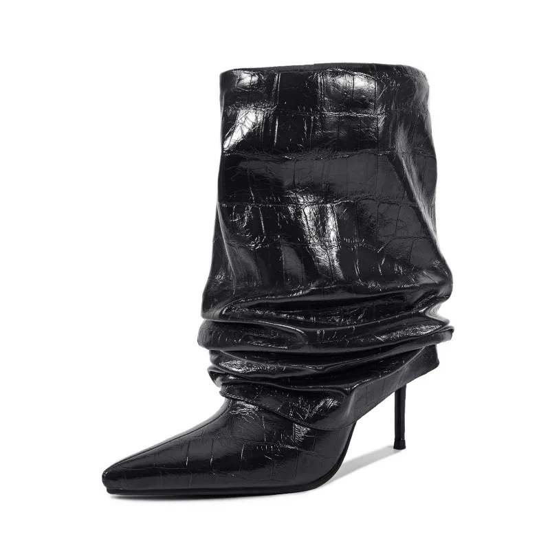 

Европейские и американские модные женские сапоги-ботфорты на высоком каблуке с острым носком, в стиле ретро, с каменным узором и складками