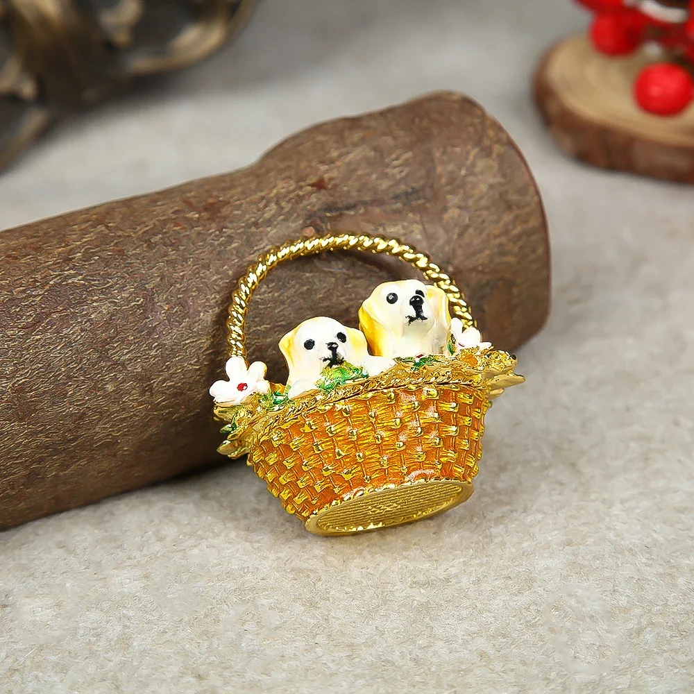 Puppy Flower Basket Trinket Boxes Hinged Rhinestones Jeweled Painted Enameled Collectible Dog Animal Figurine Jewelry Holder Box