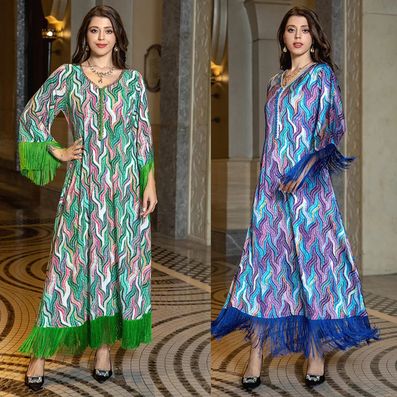 Women's Galabiyat Chic Rhinestone Printing Tassel Patchwork Full Sleeve V-Neck Elegant Abayah for Female 2024 Dubai Wolen Dress