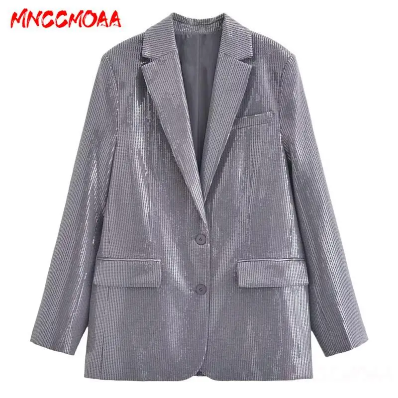 MNCCMOAA-Women\'s Single Breasted Sequin Blazer Coat + Casual High Waist Pants Set, Loose Straight Trousers, Female Fashion, 2024