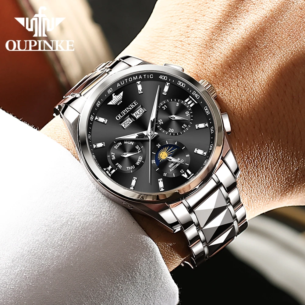 OUPINKE 3201 Men Watch Luxury Brand All Automatic Mechanical Watch Classic Roman Scale Calendar Waterproof Moon Phase Men Watch