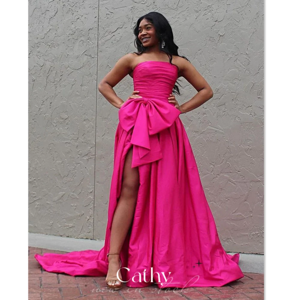 

Cathy Rose Pink Bow Prom Dresses 2023 Sweep Tail Evening Dress Silk Satin A-line فستان سهرة Sexy Strapless Robe De Soirée