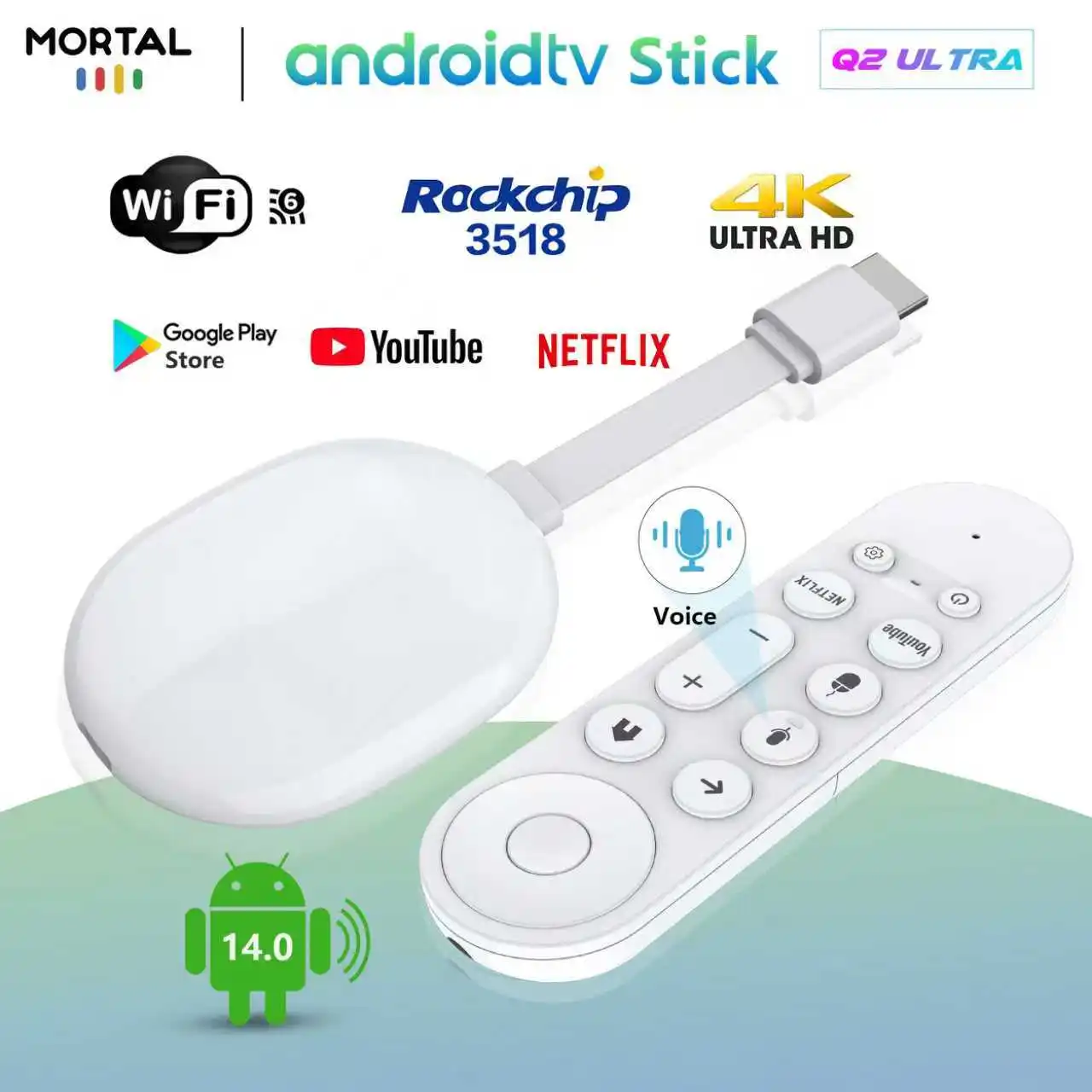 

Q2 Ultra Smart Android 14.0 TV Stick Rockchip RK3518 с голосовым управлением, 4K Ultra HD медиаплеер, поддержка двухдиапазонного Wi-Fi 6 и Bluetooth 5.0