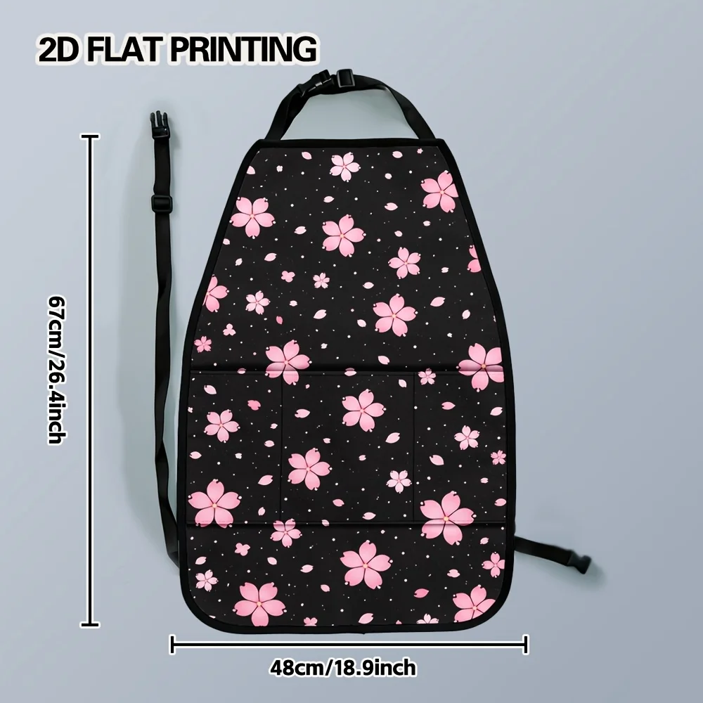 2D Flat, 2pcs Sakura Blossoms On Black Functional Car Seat Kick Mats With Organizer Suitable For Different Car Brands, Car Back