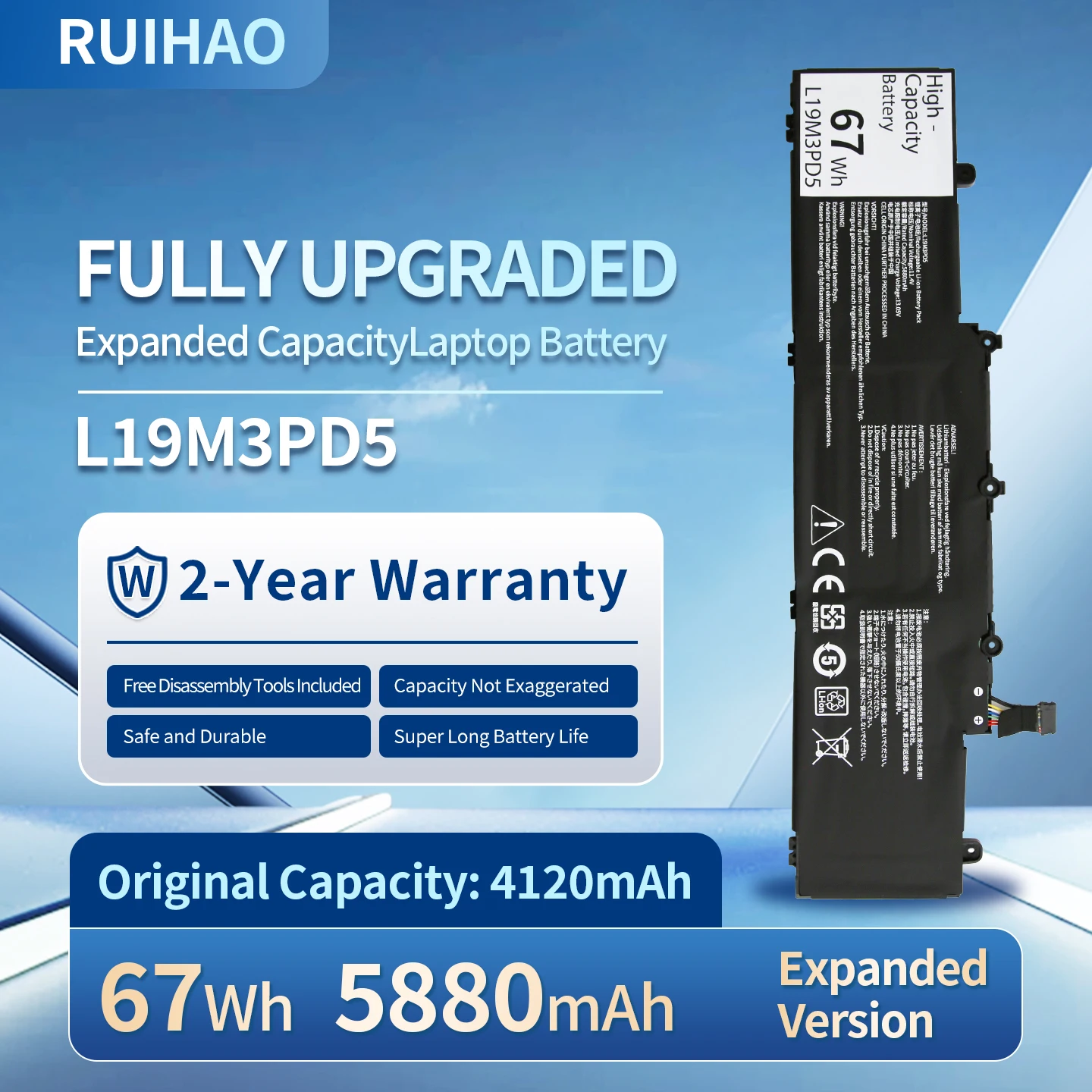 Expanded Version L19M3PD5 11.4V 67Wh Laptop Battery for Lenovo ThinkPad E14 2/E14 3/E14 4 L20C3PD4 L20L3PD4 L20M3PD4
