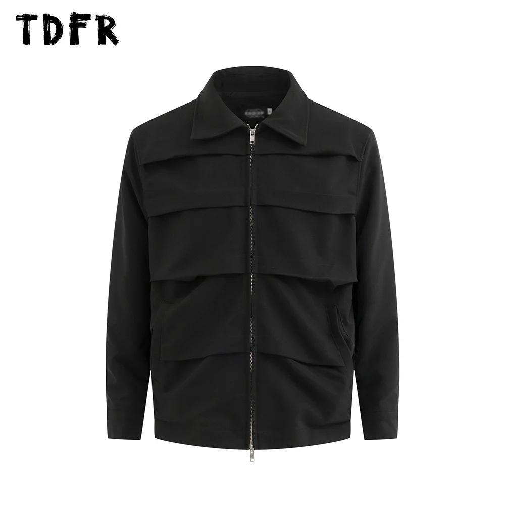 Solid Color Spliced Jacket Mens Autumn Streetwear Loose Lapel Long Sleeve Zipper Fly Outerwear Men