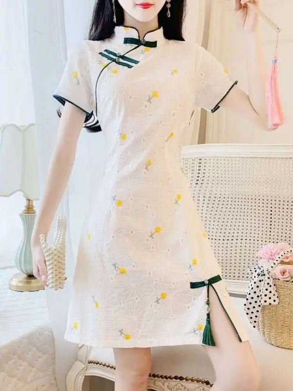 

Новая летняя ретро-модель: улучшенное платье для невысоких девушек с вышивкой флага, модное и элегантное, для весеннего сезона