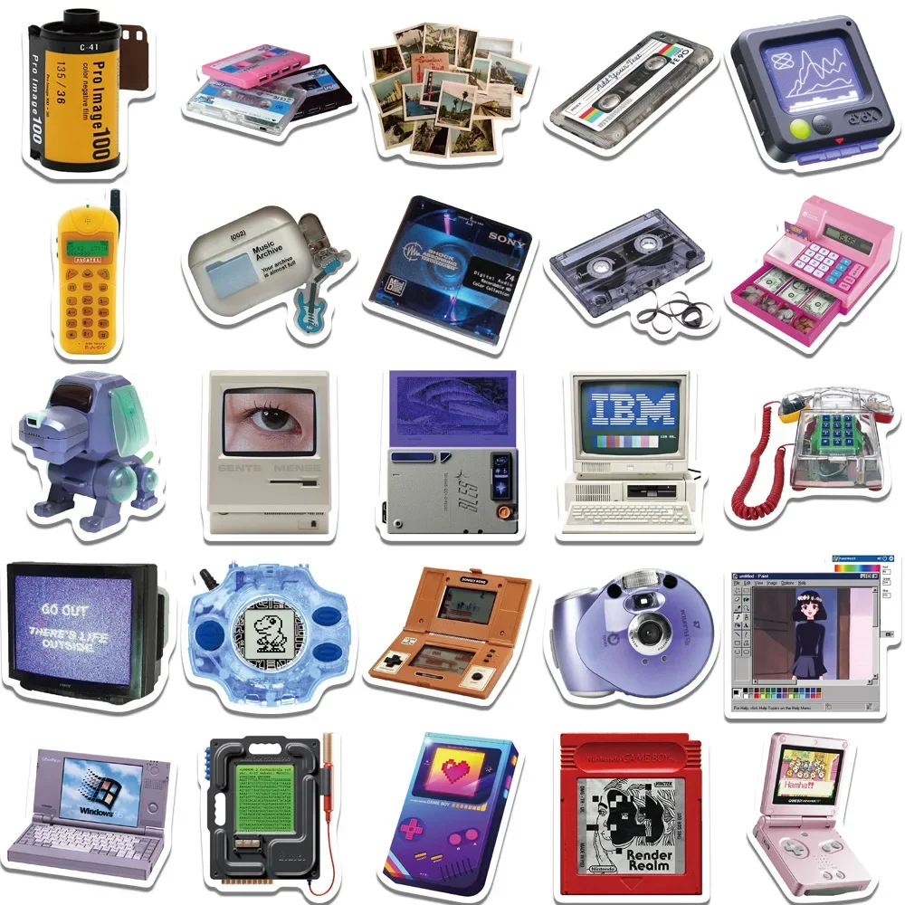 50 pçs telefone do vintage cd fita adesivos retro dos desenhos animados equipamentos decalques da motocicleta portátil mala notebook adesivo à prova dwaterproof água presentes