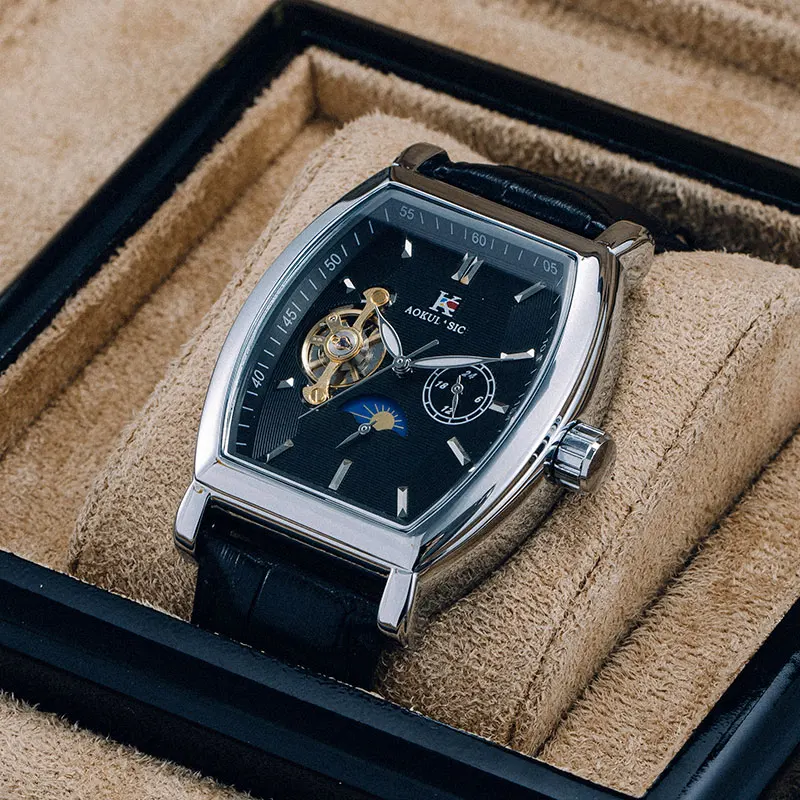 Luxury Men's Business Mechanical Watch, Barrel-Shaped, Stylish, Simple, Handsome, Social Guy's Watch, Fully Automatic Mechanical Watch, 24-Hour Moon Phase Display, Skeleton Design, Fashionable Accessory, the Best Gift for Him