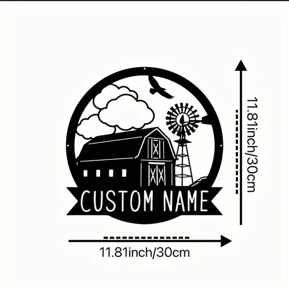 1pc 2D Flat Windmill Barn Farm Scene Custom Metal Plaque Personalized Family Name Wall Ornament Bohemian Farmhouse Patio Backyar
