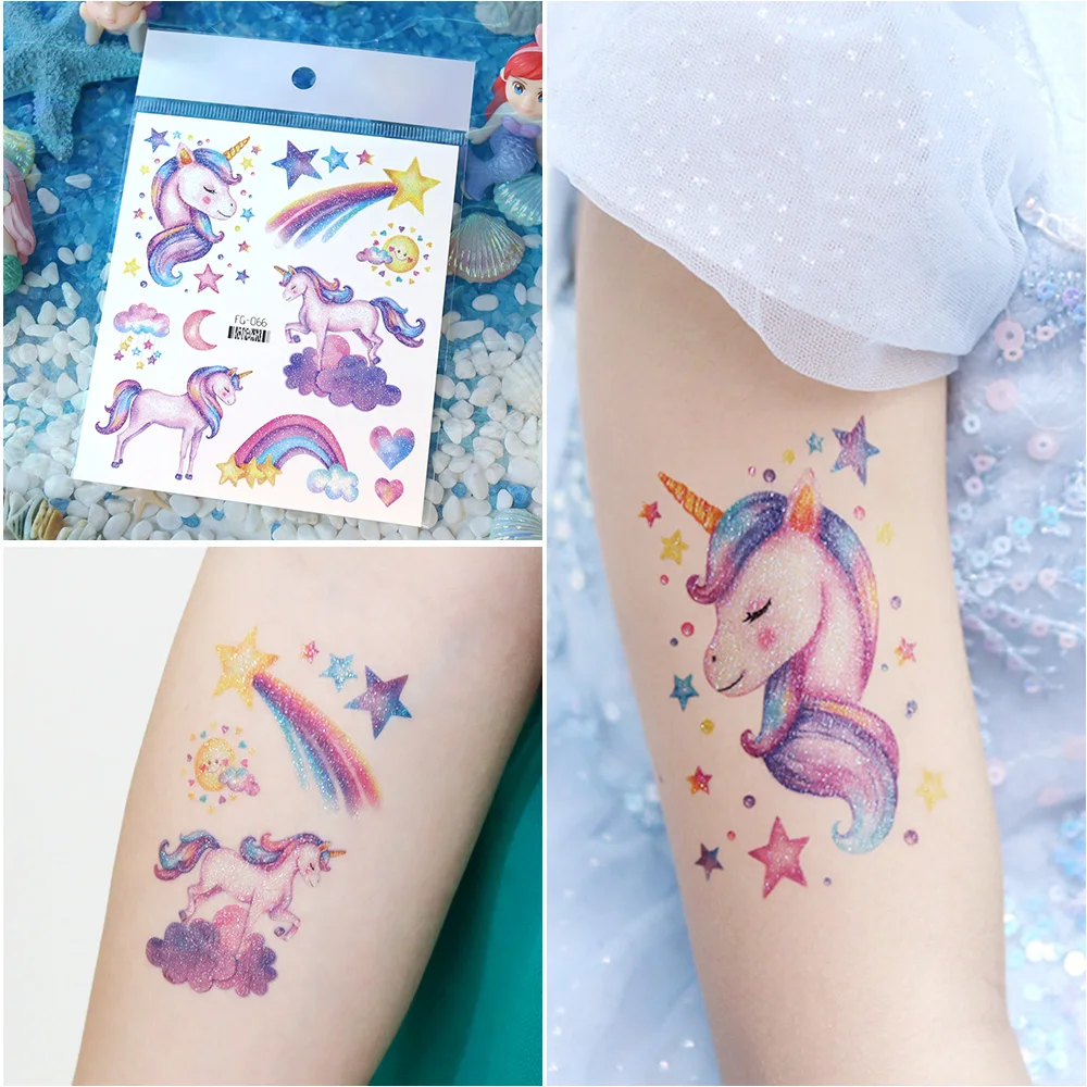 Einhorn-Meerjungfrau-Tattoo Buntes Glitzerpulver Wasserdichter Temporärer Aufkleber Niedliche Cartoon-Körperkunst Arm-Fake-Tattoos – Detail 8