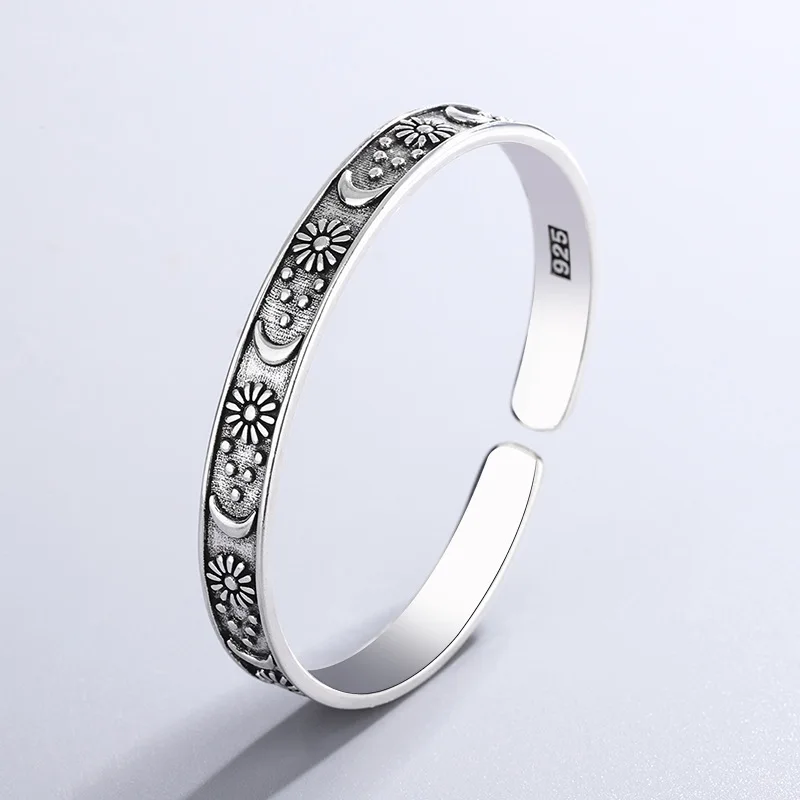 Retro Personality Star Moon And Flower 925 Sterling Silver Fashionable Ins Style Opening Bracelets   SL103