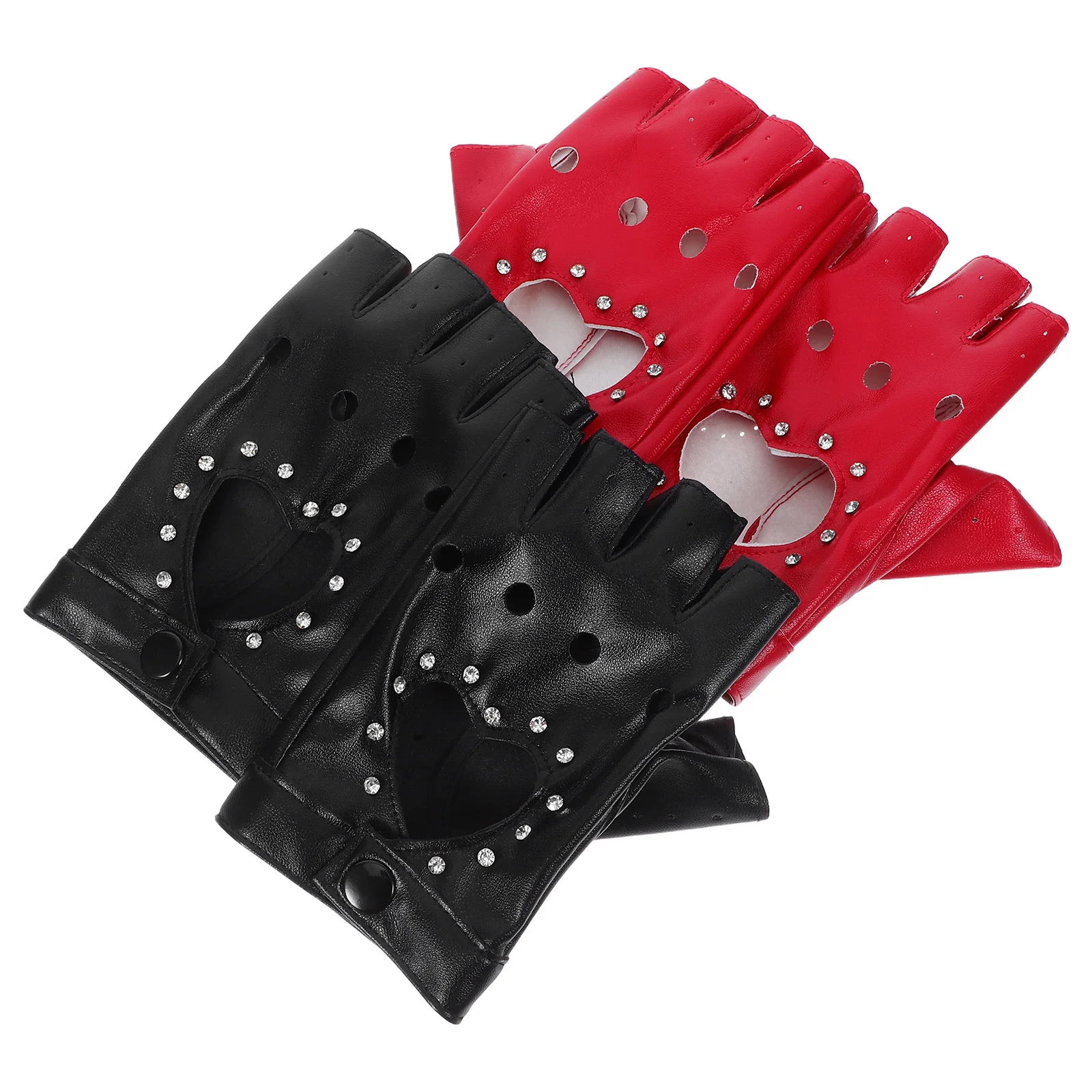 

2Pairs Fingerless Gloves Glittery Heart Cutout Half Finger PU Punk Style Dress Up Halloween Costume Dance