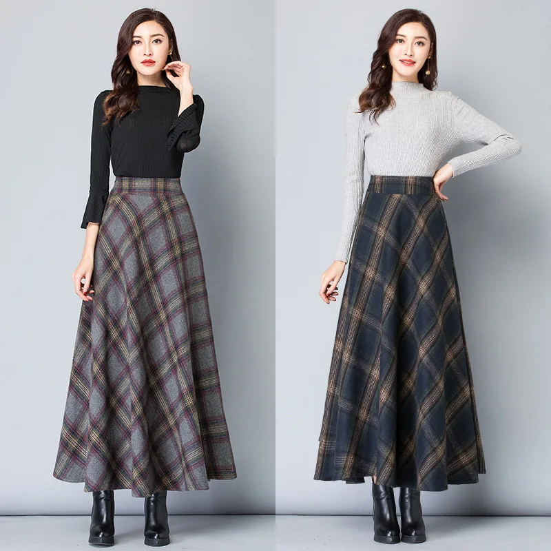 

1pcs/lot woman plaid woolen long skirt lady autumn winter casual A line skirt