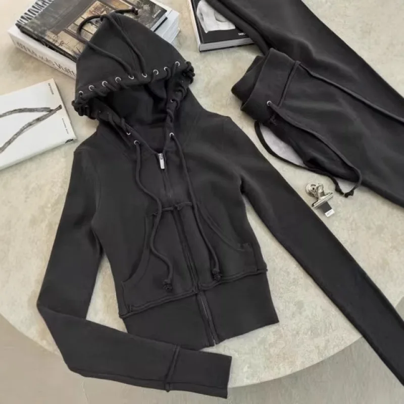 Conjunto de calças compridas europeu e americano primavera e outono sexy sexy slim fit com zíper de cordão com zíper de umbigo exposto