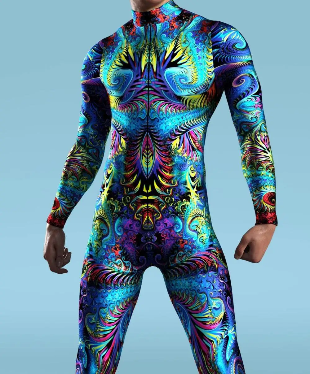 Multicolour Printing Bodysuit Party Kid Men Jumpsuits Machine Zentai Skinny Costume Festival Outfit Catsuit Front Zipper Elastic