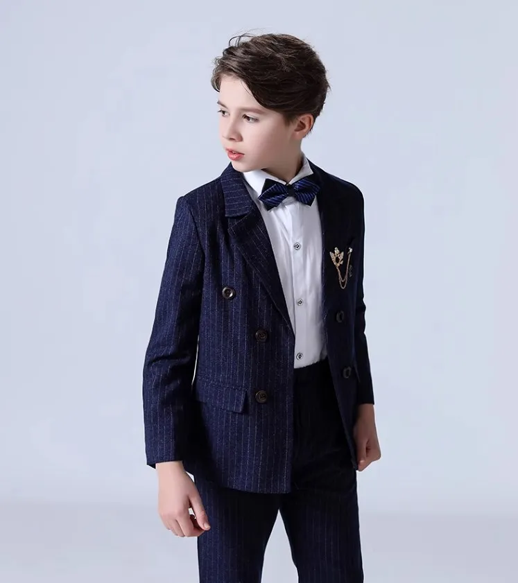 

Children Blue Stripe Double Breasted Jacket Vest Pants 3PS Tuxedo Dress Boys Piano Wedding Suit Kids Prom Show Photography Suit