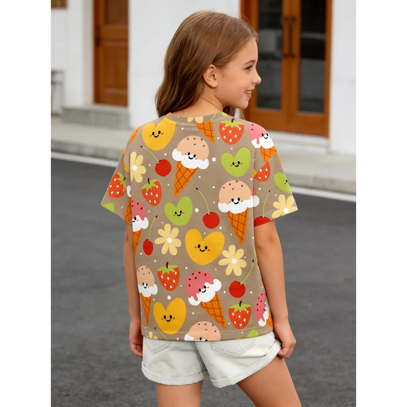 2026Girls' khaki short-sleeve shirt with smiley face dessert print T Shirt  Summer tops for older children