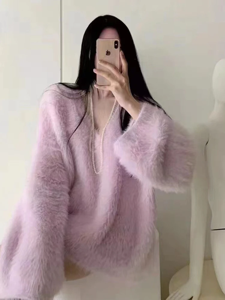 BZVW Fashion Imitation Mink Fur Knitted Sweater Women V-neck Long Sleeves Solid Color Korean Sweaters 2024 Autumn New 25A8732