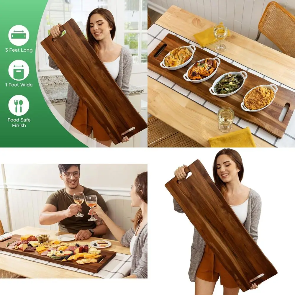 

36 x 12 Natural Acacia Wood Rectangular Serving Board with Handles for Meat, Cheese, and Appetizers