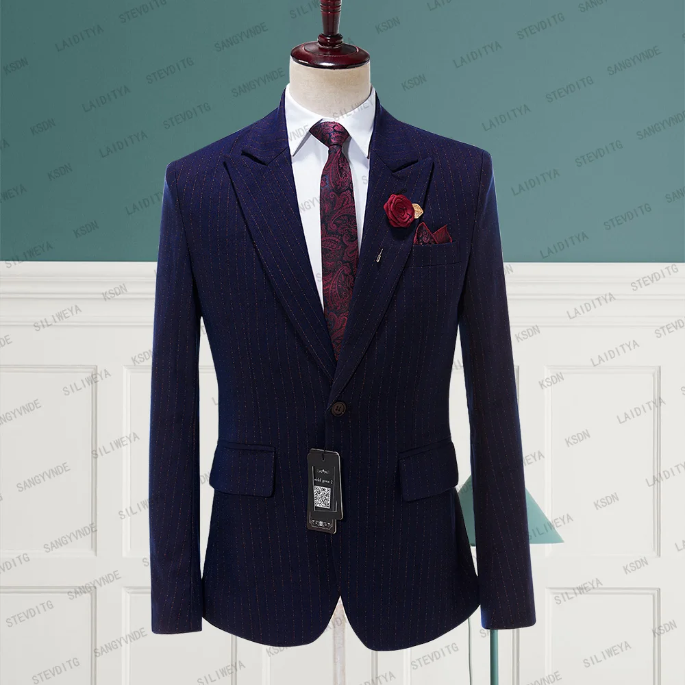 

2023 Formal Dark Blue Peak Lapel Men Suits With Red Diagonals Wedding Groom Tuxedo Business Best Man Prom Blazer One Piece Sets