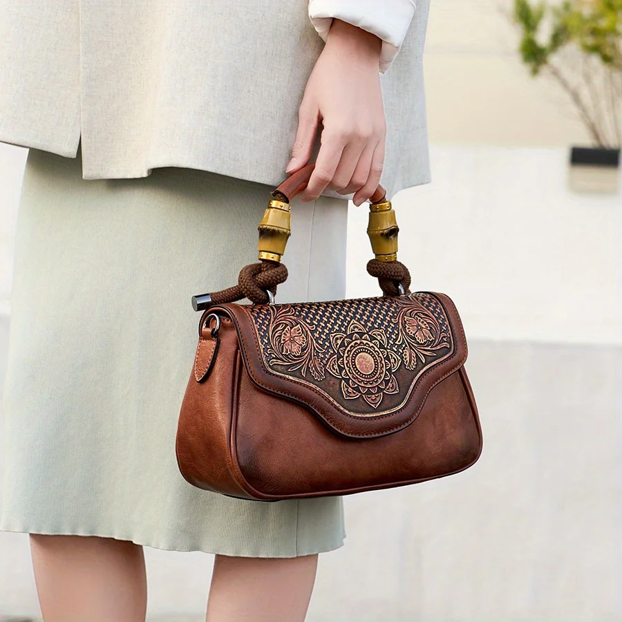 2025 new retro art carving stitching embossed hand-made handbag niche design high-grade sense of single shoulder crossbody bag