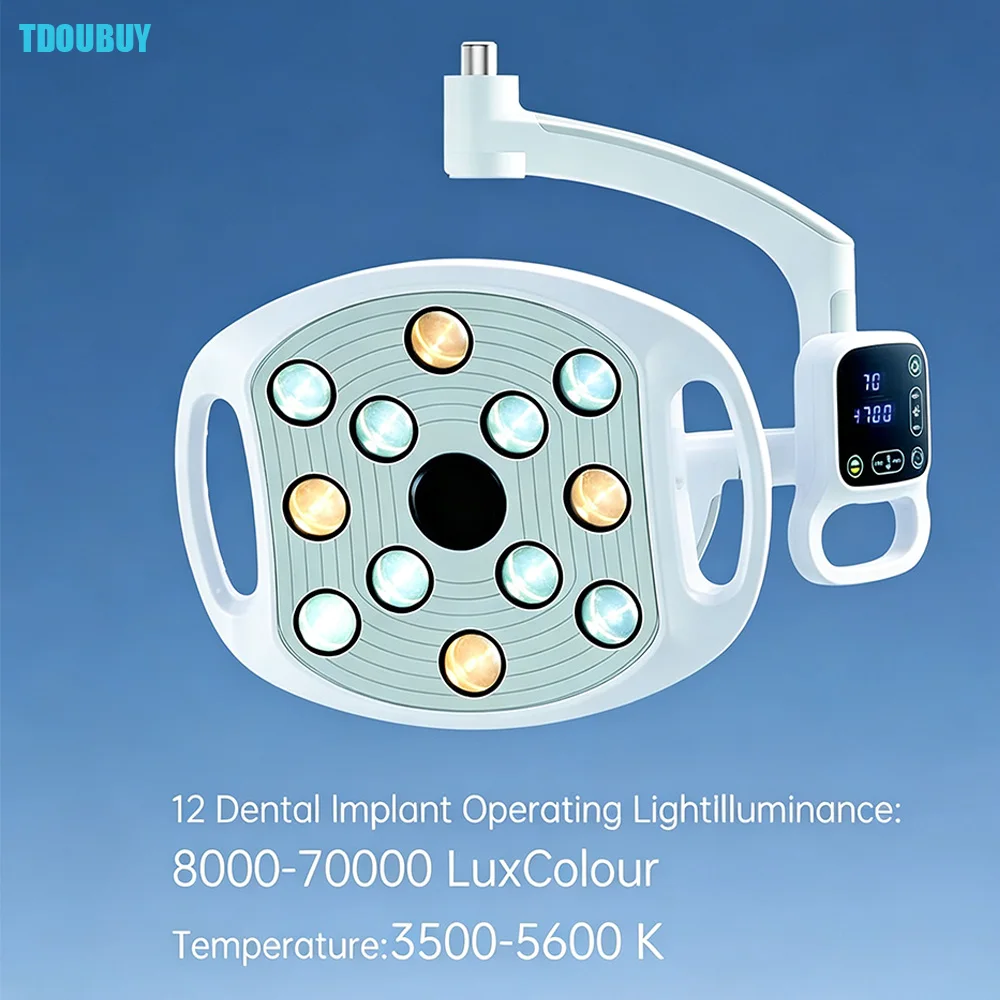 TDOUBUY 70000Lux Shadowless LED Dental Oral Lamp,12 Pcs Bulbs, Ceiling & Mobile Type for Dental Chair Unit Clinical Use
