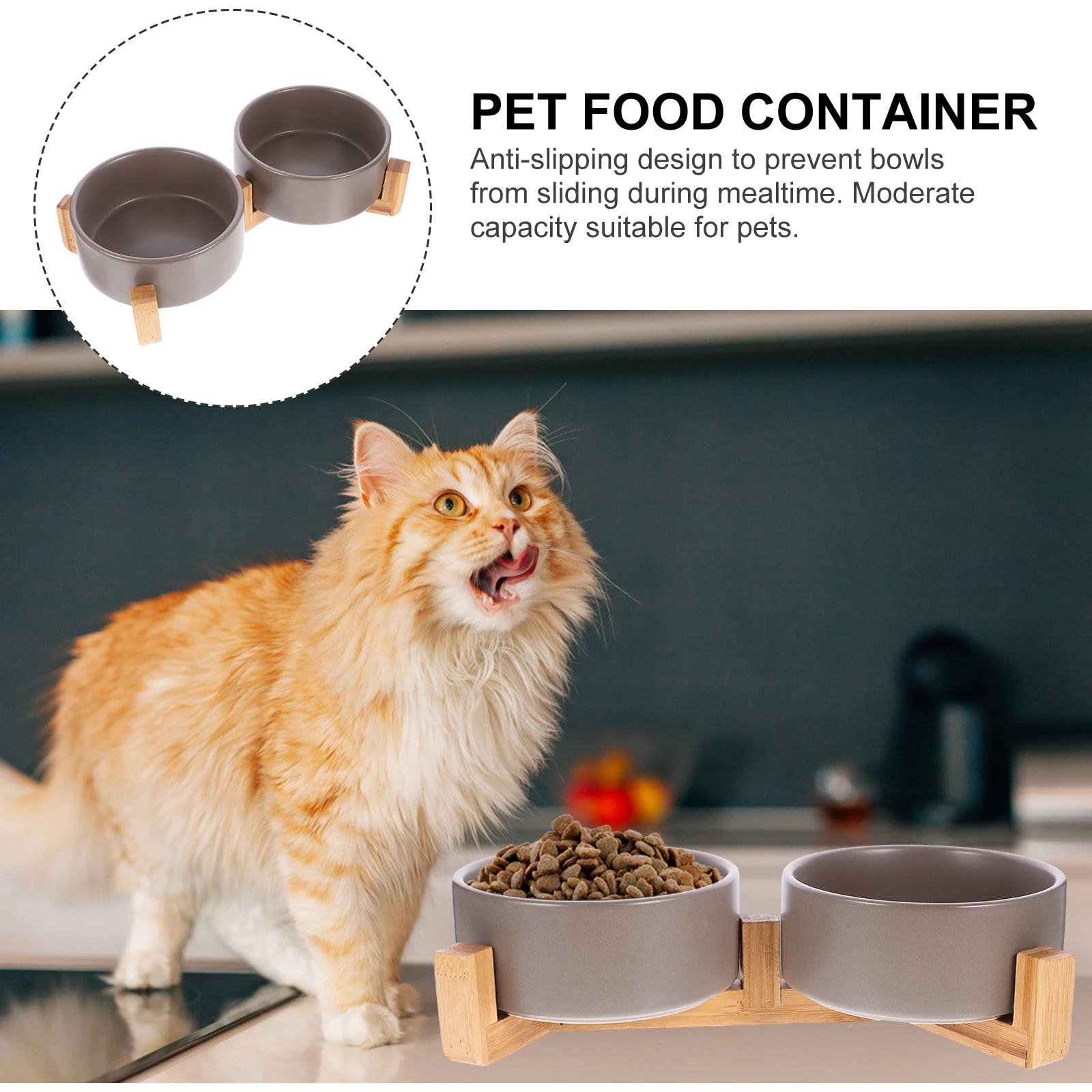 

1Set Non Slip Ceramic Dog Bowl Wooden Base Dual Compartment Pet Feeder Sturdy Construction for Daily Feeding Elegant Home