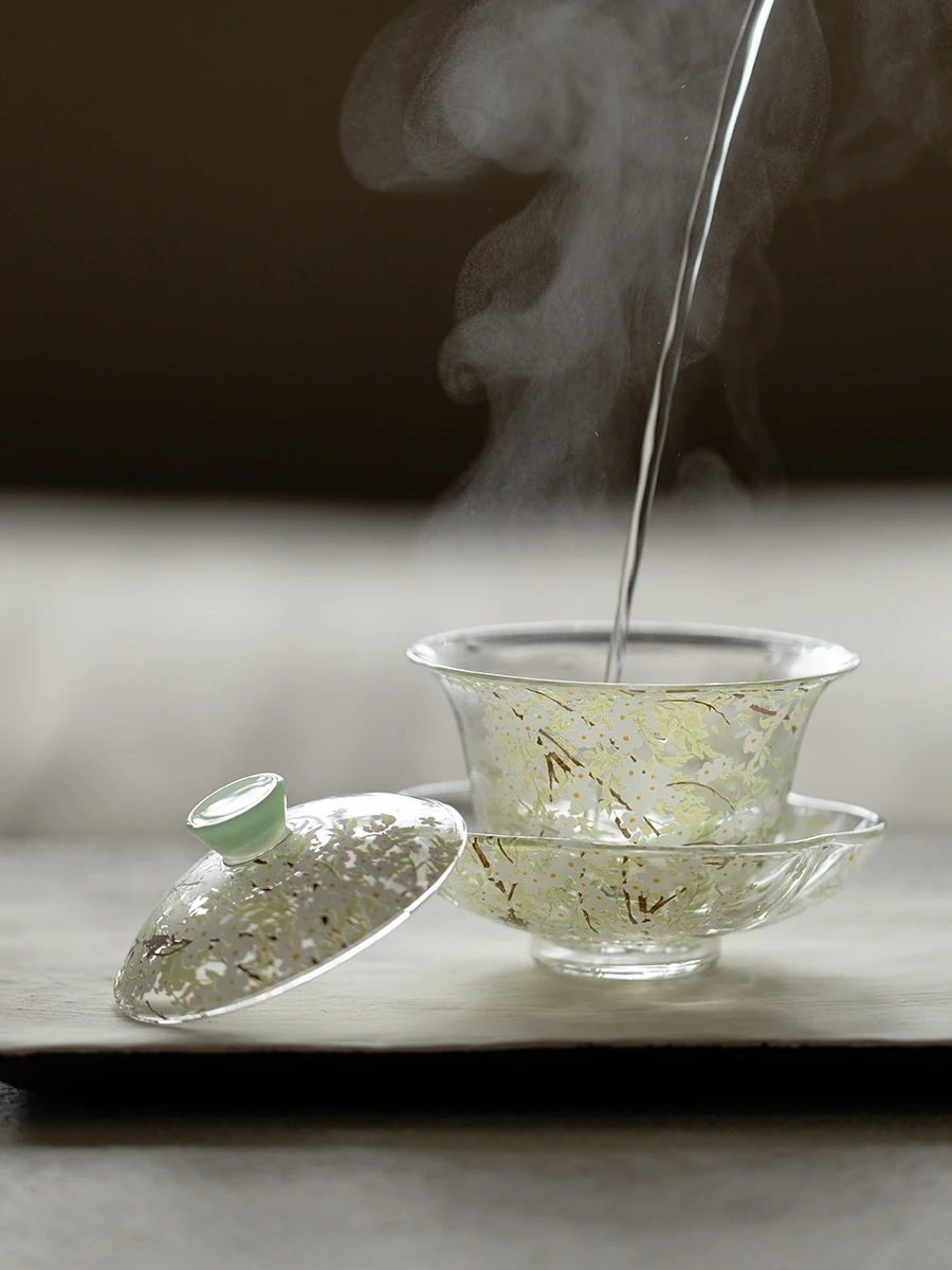 

ZhiShu Pear Fluff High Borosilicate Glass Sancai Cover Bowl Small Style Gongfu Tea Set Brewing Cup Ladies High End Tea ...