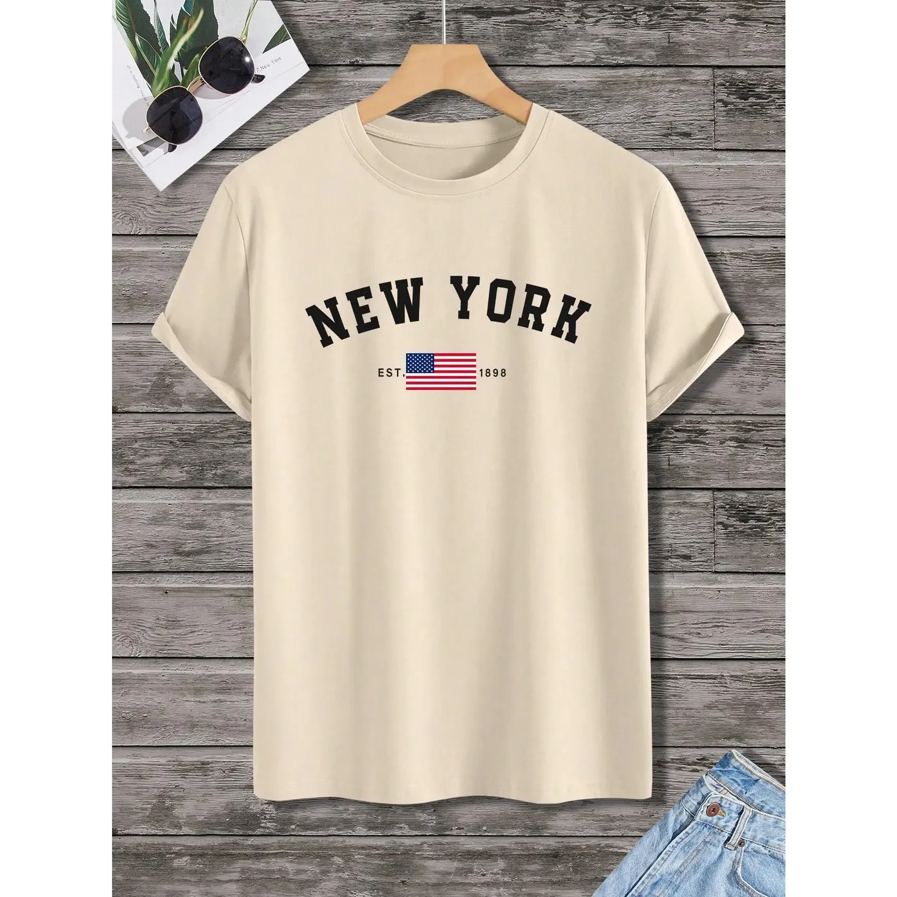 Men's Letter & US Flag Printed Casual Round Neck Shortsleeve Top - Menswear Streetwear Fabric T-Shirt for Summer Sports & Outdoor Activities