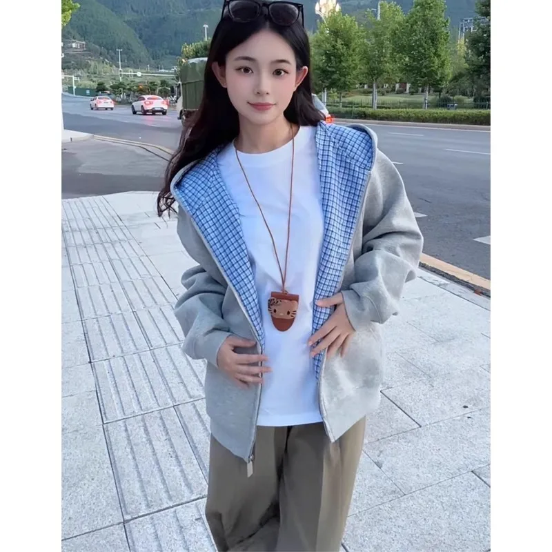 韓国風ゆったりフィットチェック柄パーカー レディース 秋新作 スリムフィットカーディガンコート テアナ スノーブランド ポリエステル繊維 ロング丈