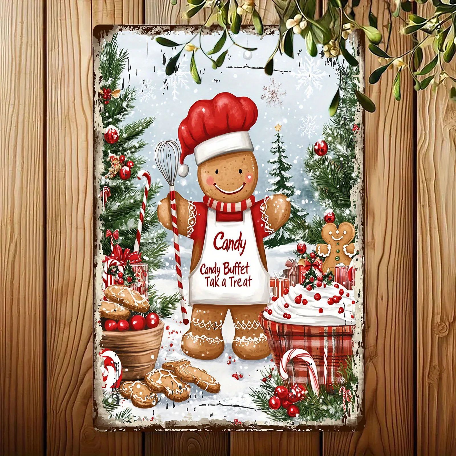 1 letrero de metal rústico "Candy Buffet Take a Treat", diseño festivo de chef de pan de jengibre, para casa navideña, cafetería, decoración de pared de bar, acogedor