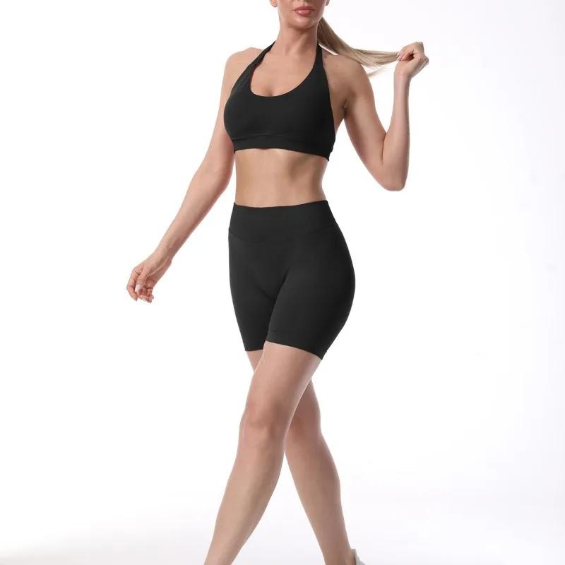 

Yoga Backless Bra Waist Connected Triple Cut Shorts Set Sexy Waist Hanging Bra Neck Hanging Suspender High Stretch Shorts