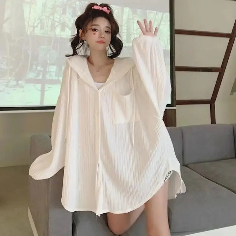 Oversized Hooded Coats Women Summer Trend Thin Sunscreen Hoodie Mid-length Air-conditioned Cardigan Jacket Fashion Casual Tops