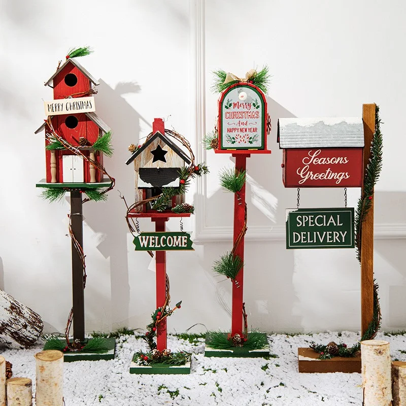 Christmas wooden house mailbox wooden bird house mailbox floor ornament hotel shopping mall indoor festival scene layout props