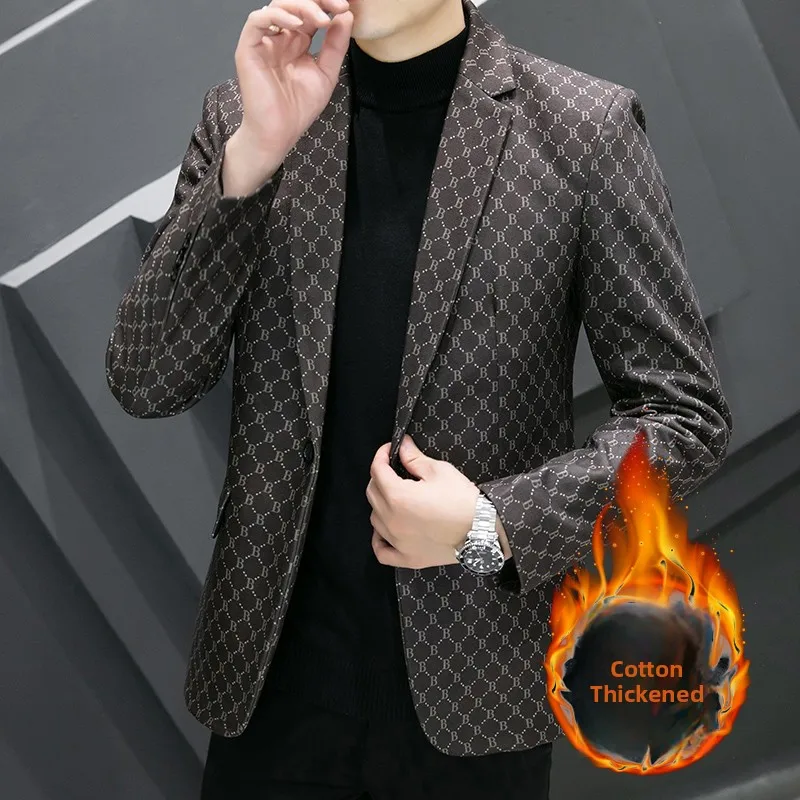 

Thiened Cotton Autumn Winter Men's Suit Casual Slim Fit Korean Sle Faionable Youth Outerwear Top Single Breasted Long S...