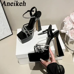 Aneikeh Summer New Cross Rhinestone with High Heels Platform Sandals Thick Heel Fashion Open Toe Wedding Party Shoes Sandalias