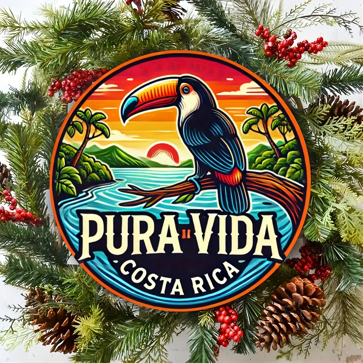 1pc Retro Style Aluminum Round Decor Plaque, Pura Vida Costa Rica, Simple Multi-purpose Home Decor Sign, Wall and Window Hanging