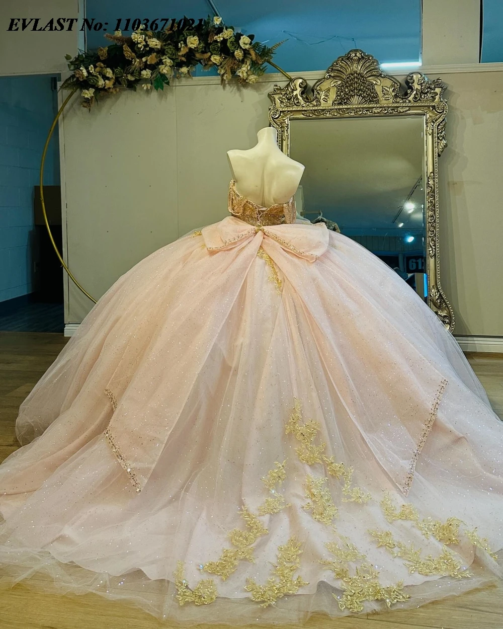 فستان Quinceanera وردي مخصص من EVLAST فستان حفلة لامع ذهبي مزين بالدانتيل مطرز مشد حلو 16 فيستدوس دي 15 أنوس SQ664