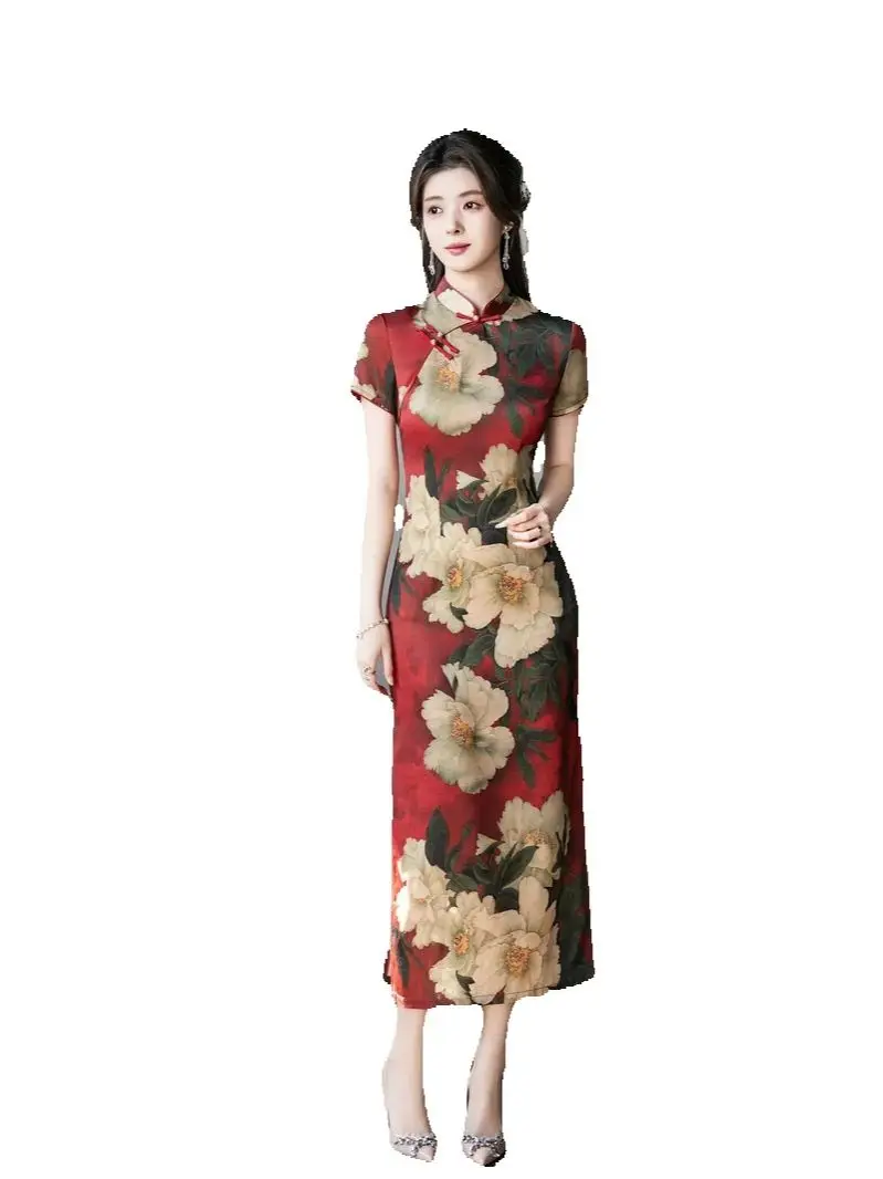 

Short Sleeve Long Cheongsam Print Flower Qipao Lady Sexy Chinese Style Slim Evening Party Dress Gown